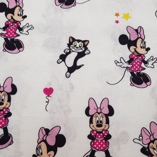 Cotton Disney Minnie Snooty Pink Bows fabric - Disney licensed cotton fabric with drawings of Minnie with bows and kittens on a white background. The fabric is 140cm wide and its composition is 100% cotton.  