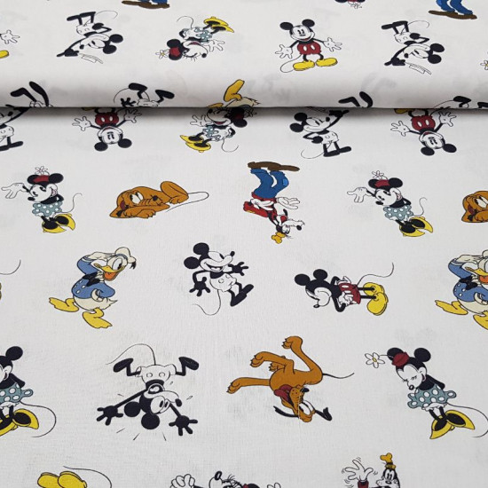 Cotton Disney Classic Characters fabric - Disney cotton fabric with the drawings of classic characters Mickey, Minnie, Pluto, Donald and Goofy, on a white background. 