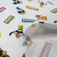 Cotton Disney Characters Signs fabric - Disney licensed cotton fabric with drawings of the classic characters Donald, Pluto, Mickey and Goofy with black glasses and colored signs with each one's name. The fabric is 150cm wide and its composition is 100