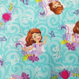 Cotton Disney Princess Sofia fabric - Beautiful Disney cotton fabric with drawings of the Princess Sofia series, drawings of butterflies and flowers on a turquoise blue background. 
