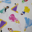 Tela Algodón Disney Princesas Cuentos - Tela de algodón licencia Disney con dibujos de las princesas de cuerpo entero sobre fondo blanco. Aparece la princesa Jasmine, Ariel, Rapuntzel, Cenicienta, Bella, Aurora y Blancanieves. La tela mide 150cm de
