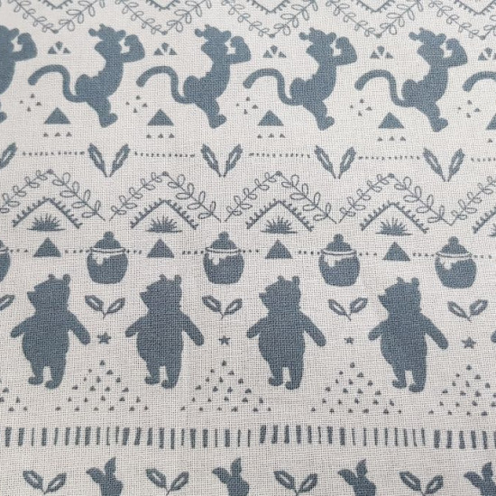 Cotton Disney Winnie Shadows fabric - Licensed cotton fabric with drawings of gray shadows with the characters of Winnie the Pooh (Tiger, Piglet, Igor and Winnie) forming a weave of geometric lines. The fabric is 110cm wide and its composition 100% cotto