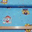 Cotton Paw Patrol Hexagons fabric - Licensed cotton fabric with drawings of the characters Chase, Marshall, Rubble, Rocky... from the children's series Paw Patrol on a blue background with colorful hexagonal shapes. The fabric is 140cm wide and its com
