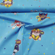 Cotton Paw Patrol Hexagons fabric - Licensed cotton fabric with drawings of the characters Chase, Marshall, Rubble, Rocky... from the children's series Paw Patrol on a blue background with colorful hexagonal shapes. The fabric is 140cm wide and its com