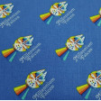 Cotton Star Wars Rainbow Millennium Falcon fabric - Licensed cotton fabric with drawings of the Millennium Falcon from Star Wars in “rainbow” style leaving a multicolored trail on a blue background where texts also appear: “Millennium Falcon”. The fabric 