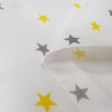 Tela Algodón Estrellas Gris con Color - Tela de algodón decorativa con dibujos de estrellas grises combinando con varios colores. Una tela ideal para creaciones de temática infantil, decoraciones, complementos... La tela mide 160cm de ancho y