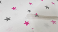 Tela Algodón Estrellas Gris con Color - Tela de algodón decorativa con dibujos de estrellas grises combinando con varios colores. Una tela ideal para creaciones de temática infantil, decoraciones, complementos... La tela mide 160cm de ancho y