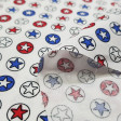 Cotton Stars Circles fabric - Poplin cotton fabric with drawings of stars within circles that remind us of superhero stars. The fabric is 140cm wide and its composition is 100% cotton.