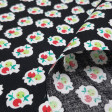 Cotton Fruit Shapes Black fabric - Cotton fabric with drawings of fruit shapes in red and green colors on a black background. The fabric is 140cm wide and its composition is 100% cotton.