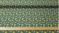 Tela Algodón Flores Flua Verde - Tela de algodón orgánico con dibujos de varios tipos de flores en varios colores sobre un fondo de color verde oscuro. La tela mide 150cm de ancho y su composición 100% algodón.