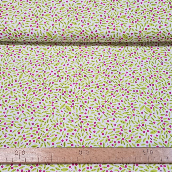 Tela Algodón Flores Mini Fondo Blanco - Tela de popelín algodón orgánico con dibujos de flores en color verde y fucsia sobre un fondo blanco. La tela mide 150cm de ancho y su composición 100% algodón.