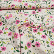 Tela Algodón Flores Primaveral - Tela de algodón popelín con dibujos de flores y plantas primaverales sobre un fondo de color rosa claro. La tela mide 150cm de ancho y su composición 100% algodón.