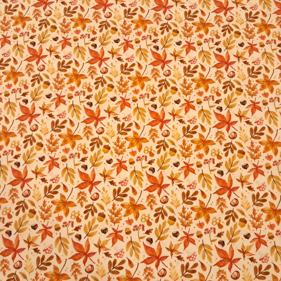 Cotton Autumn Branches fabric - Cotton poplin fabric with designs of branches and leaves in autumnal tones, chestnuts, and mushrooms on a light background. The fabric is 150 cm wide and is made of 100% cotton.