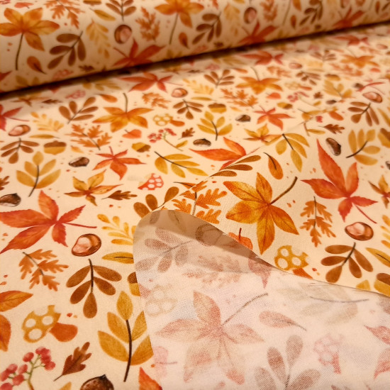Cotton Autumn Branches fabric - Cotton poplin fabric with designs of branches and leaves in autumnal tones, chestnuts, and mushrooms on a light background. The fabric is 150 cm wide and is made of 100% cotton.