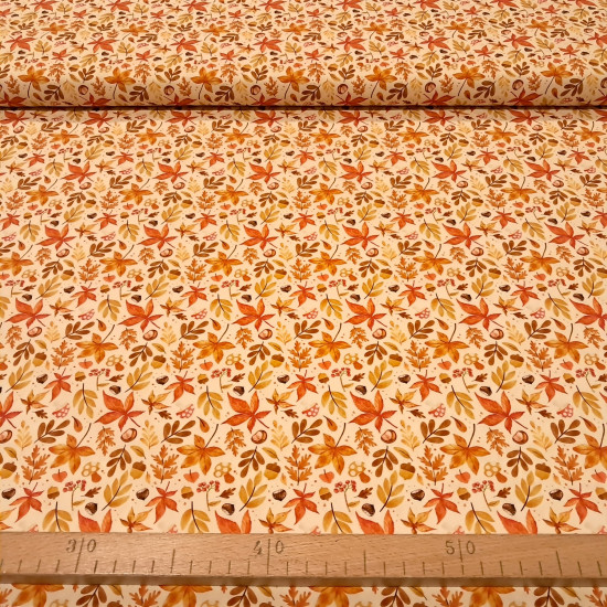 Cotton Autumn Branches fabric - Cotton poplin fabric with designs of branches and leaves in autumnal tones, chestnuts, and mushrooms on a light background. The fabric is 150 cm wide and is made of 100% cotton.
