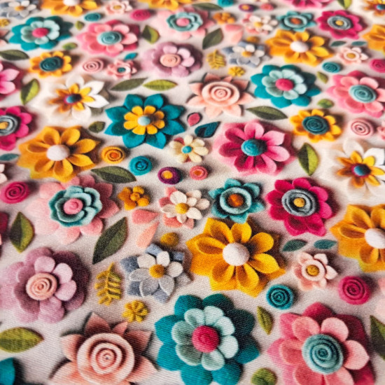 Algodón Flores Colores Efecto 3D - Tela de popelín algodón de temática floral en efecto 3D, con muchos colores. Ideal para confecciones infantiles, manualidades y decoración. La tela mide 150cm de ancho y su composici&