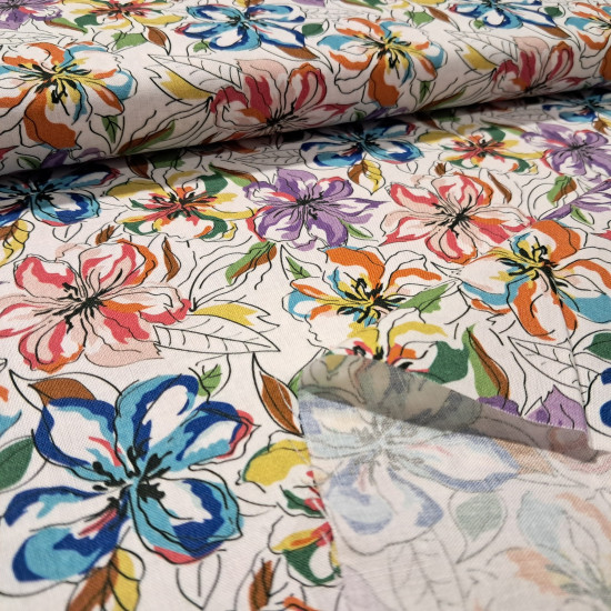 Algodón Flores Mimosa Etnia - Tejido de popelín algodón con dibujos de flores mimosas sobre fondo blanco. La tela mide 150cm de ancho y su composición 100% algodón.