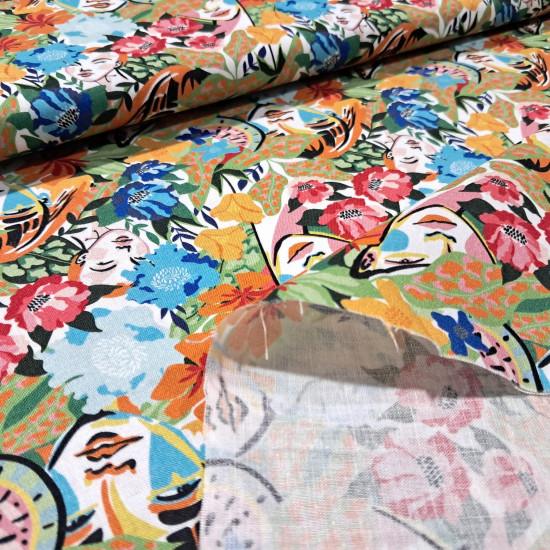 Tela Algodón Flores Tropicales Caras Etnia Algodón Flores Tropicales Caras Etnia - Tela de algodón popelín con dibujos de flores tropicales y rostros de mujeres. La tela mide 150cm de ancho y su composición 100% algodón.
