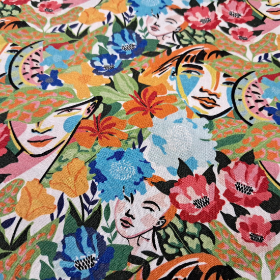 Tela Algodón Flores Tropicales Caras Etnia Algodón Flores Tropicales Caras Etnia - Tela de algodón popelín con dibujos de flores tropicales y rostros de mujeres. La tela mide 150cm de ancho y su composición 100% algodón.