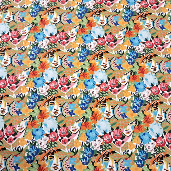 Tela Algodón Flores Tropicales Caras Etnia Algodón Flores Tropicales Caras Etnia - Tela de algodón popelín con dibujos de flores tropicales y rostros de mujeres. La tela mide 150cm de ancho y su composición 100% algodón.