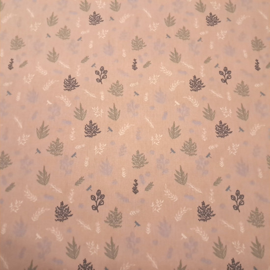 Cotton Plants Dragonflies fabric - Cotton poplin fabric with a print of plants, branches, and small dragonflies on an antique rose background. The fabric is 145cm wide and is 100% cotton.