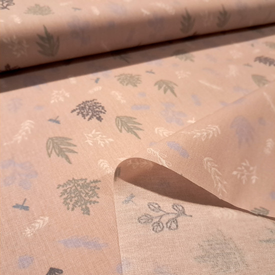 Cotton Plants Dragonflies fabric - Cotton poplin fabric with a print of plants, branches, and small dragonflies on an antique rose background. The fabric is 145cm wide and is 100% cotton.