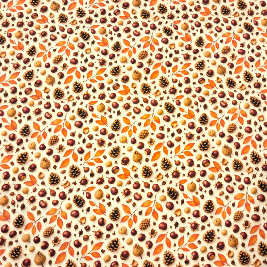 Tela popelín algodón fondo claro con estampado de piñas castañas y hojas naranjas