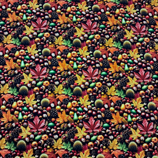 Cotton Autumn Leaves fabric Cotton poplin fabric with a dense print of autumn leaves, chestnuts and pinecones