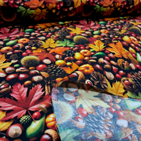 Cotton Autumn Leaves fabric Cotton poplin fabric with a dense print of autumn leaves, chestnuts and pinecones