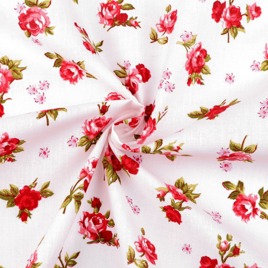 Tela Algodón Rosas Clásicas Fondo Blanco Tela de popelín 100% algodón con estampado de ramilletes de rosas rojas sobre fondo blanco.