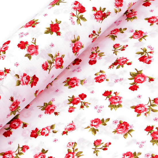 Tela Algodón Rosas Clásicas Fondo Blanco Tela de popelín 100% algodón con estampado de ramilletes de rosas rojas sobre fondo blanco.