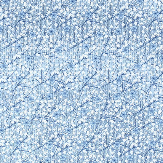 Cotton White Flowers Japanese Bows fabric - Cotton poplin fabric with patterns of white flowers on a blue background with Japanese bows Beautiful fabric to combine with Patchwork work, home decoration and making garments with spring style. The fabric is 1