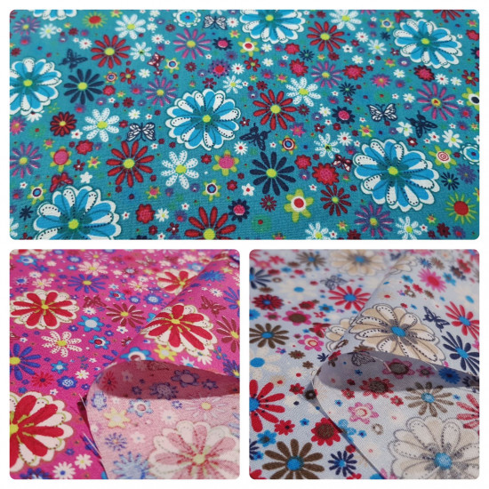 Cotton Flowers Colors Butterflies fabric - Cotton fabric with drawings of flowers of various sizes and colors on petrol blue background with butterflies. The fabric is 140cm wide and its composition is 100% cotton.