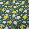 Cotton Flowers Flua Green fabric - Organic cotton fabric with drawings of various types of flowers in various colors on a dark green background. The fabric is 150cm wide and its composition is 100% cotton.