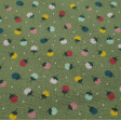 Tela Algodón Flores Topitos Verde - Tela de algodón orgánico con dibujos florales con topitos blancos sobre un fondo verde. La tela mide 150cm de ancho y su composición 100% algodón.