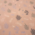Cotton Plants Dragonflies fabric - Cotton poplin fabric with a print of plants, branches, and small dragonflies on an antique rose background. The fabric is 145cm wide and is 100% cotton.
