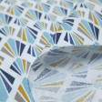 Cotton Mosaic Ornamental Fans fabric - Poplin cotton fabric with geometric drawings mosaic of shapes like fans formed by triangles where blue colors predominate on a white background. The fabric is 150cm wide and its composition is 100% cotton.