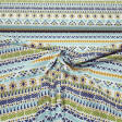 Tela Algodón Triángulos Azteca - Tela de algodón con dibujos de formas geométricas, triángulos, zigzags con un estilo azteca en colores vivos. La tela mide 150cm de ancho y su composición 100% algodón.