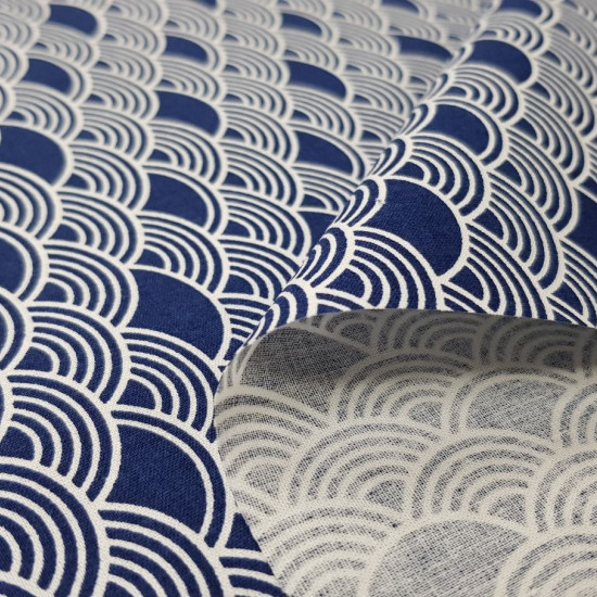 Cotton Bows Tokyo Blue fabric - Cotton fabric with drawings of white bows in Tokyo style on a dark blue background. The fabric is 140cm wide and its composition is 100% cotton.