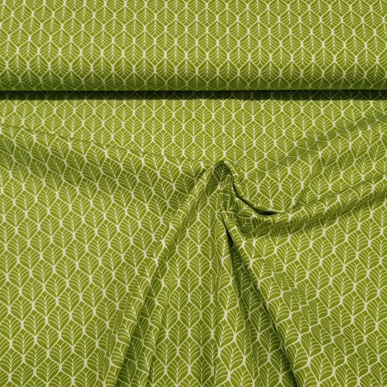 Tela Algodón Formas Geométricas Lima - Tela de algodón con dibujos geométricos de trazos blancos sobre un fondo de color verde lima. La tela mide 145cm de ancho y su composición 100% algodón.