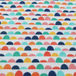 Cotton Semicircle Shapes fabric - Cotton poplin fabric with colorful semicircle patterns forming lines. This fabric is ideal to combine with others that have the same colors. The fabric is 150cm wide and its composition 100% cotton.