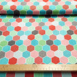 Cotton Honeycombs Hexagons fabric - Cotton poplin fabric with geometric designs of honeycombs in hexagonal shape filled with various motifs and various colors. The fabric is 150cm wide and its composition is 100% cotton.