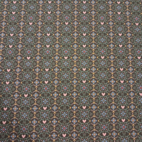 Cotton Geometric Hearts Mosaic fabric Cotton Geometric Hearts Mosaic fabric - Cotton poplin fabric with ornamental designs forming hydraulic-style mosaics and circles with hearts on a brown background. The fabric is 150 cm wide and is made of 100% cotton.