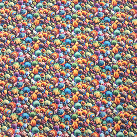 Tela Algodón Conchas Colores Splash Algodón Conchas Colores Splash - ¡Lleva la magia del océano a tus costuras! Esta tela de popelín 100% algodón presenta un vibrante estampado de caracolas, conchas y estrellas de mar en una paleta de colores degradados que pare