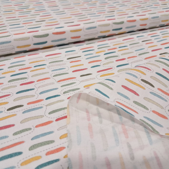 Algodón Trama Laberinto Trip - Tela de popelín algodón orgánico con dibujos de manchas de colores y líneas de puntos simulando un laberinto. La tela mide 150cm de ancho y su composición 100% algodón.