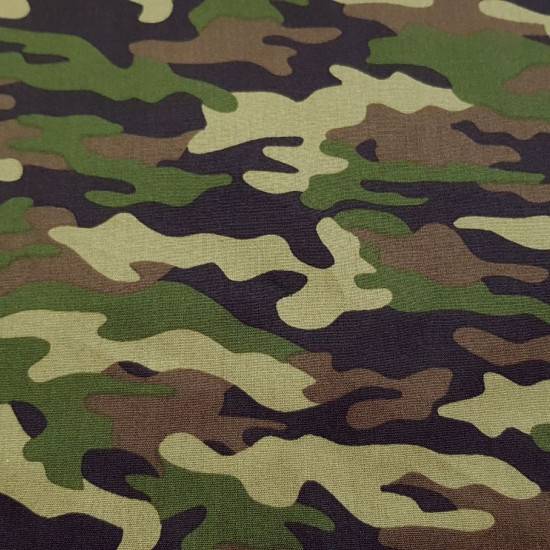 Cotton Green Camouflage fabric - Cotton fabric with camouflage print in shades of green and brown. The fabric is 140cm wide and its composition is 100% cotton.