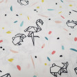 Cotton Flamingos Origami Confetti fabric - Cotton poplin fabric with origami drawings in the shapes of flamingos and rabbits on a white background with colorful confetti. The fabric is between 140-150cm wide and 100% cotton.