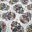 Cotton Mexican Skull Calacas White fabric - Printed cotton fabric with drawings of calacas or skulls typical of the Day of the Dead in a variety of colors and a flowered white background. The fabric is 140cm wide and its composition 100% cotton.