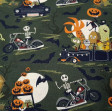 Cotton Halloween Pumpkins Motors fabric - Organic cotton fabric with Halloween-themed drawings, where skeletons appear on motorcycles and other monsters on cars in a decoration of graves, pumpkins, bats... The fabric is 150cm wide and its composition is 1