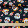 Cotton Skulls Colors Black fabric - Pretty cotton fabric with a Halloween theme, with drawings of colorful Mexican skulls with colorful flowers on a black background. They are very showy and colorful skulls! The fabric is 140cm wide and its composition